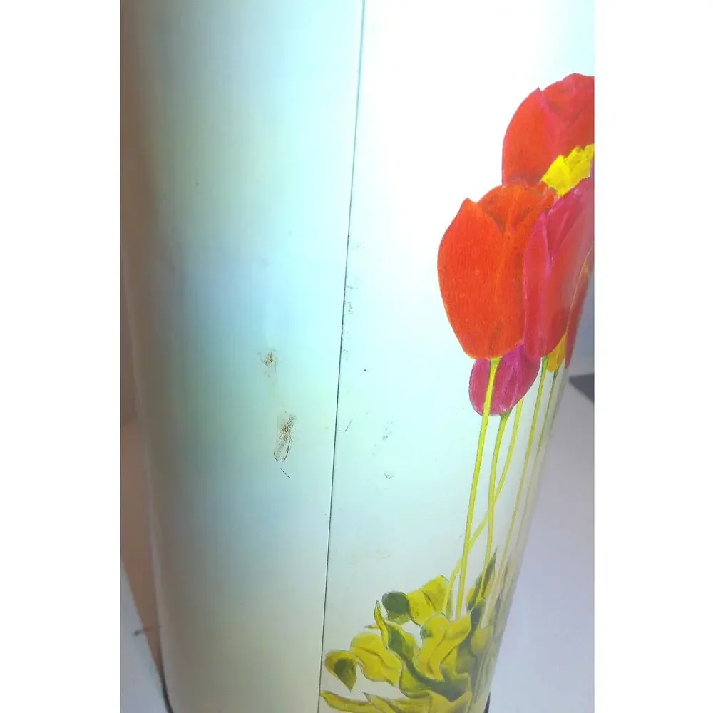 Vtg Cheinco Metal Trash Can Waste Basket Mid Century MCM Colorful Tulips READ